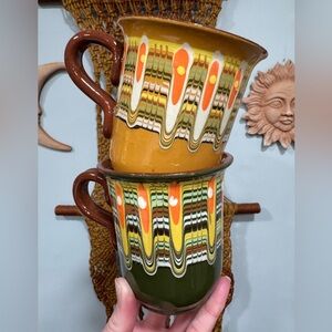 Vintage Bulgarian Troyan Redware Pottery Mugs